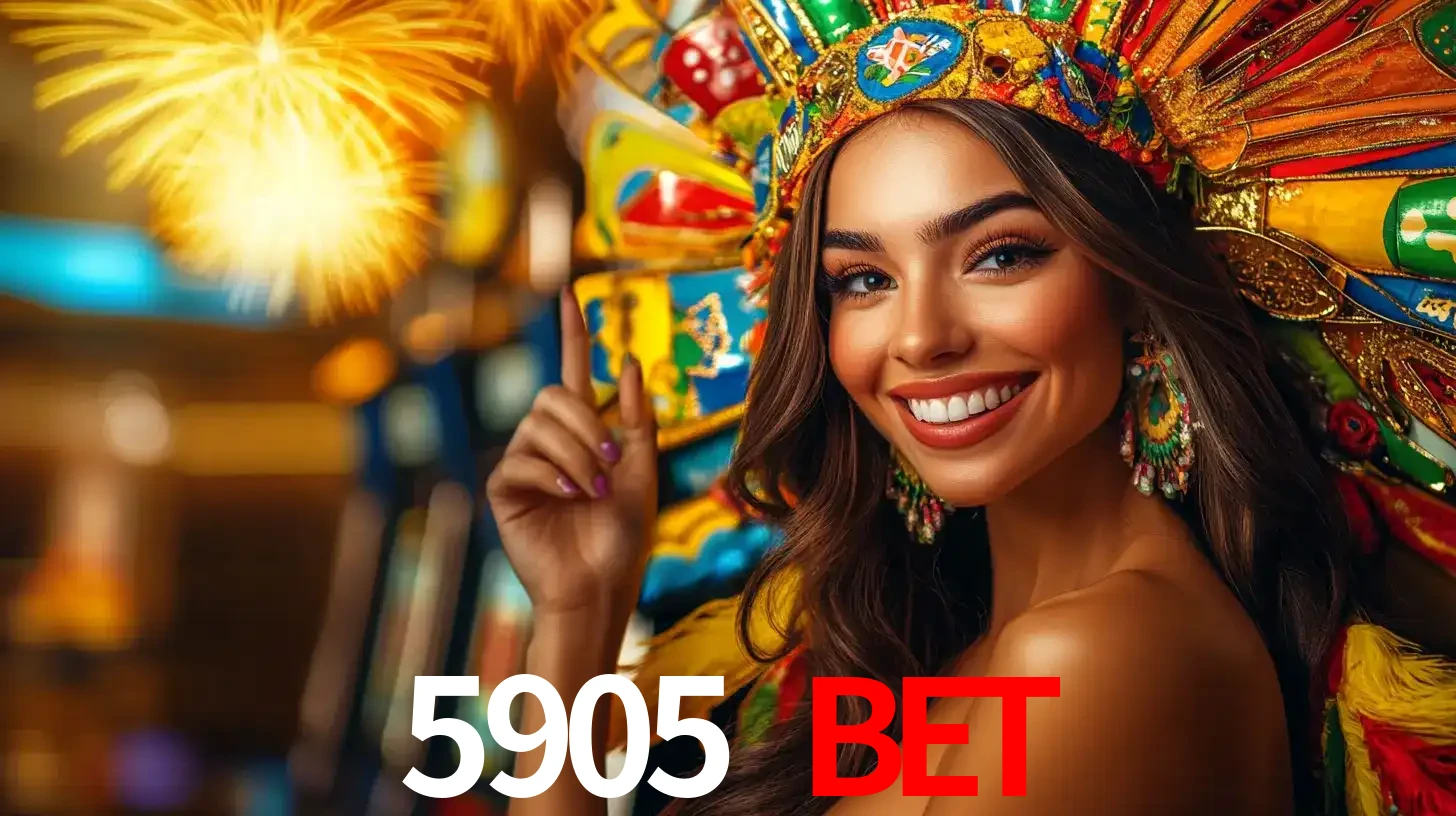 Mulher sorridente com um cocar de carnaval vibrante e colorido, celebrando uma grande vitória nos jogos do cassino 5905 BET com fogos de artifício ao fundo.