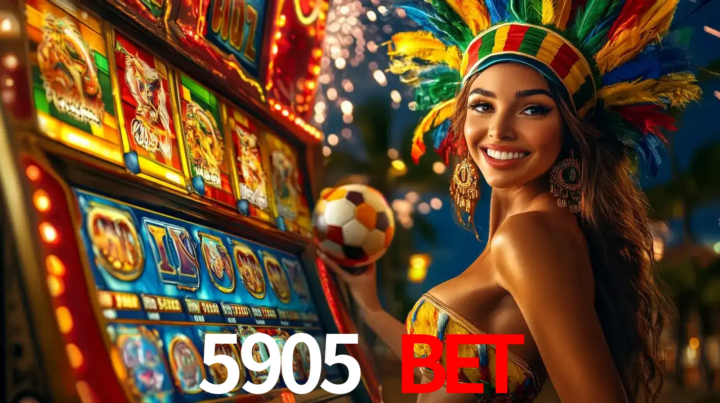 Mulher com um cocar de carnaval ao lado de uma máquina de caça-níqueis enquanto segura uma bola de futebol, mostrando a união da diversão de cassino e esportes no 5905 BET.