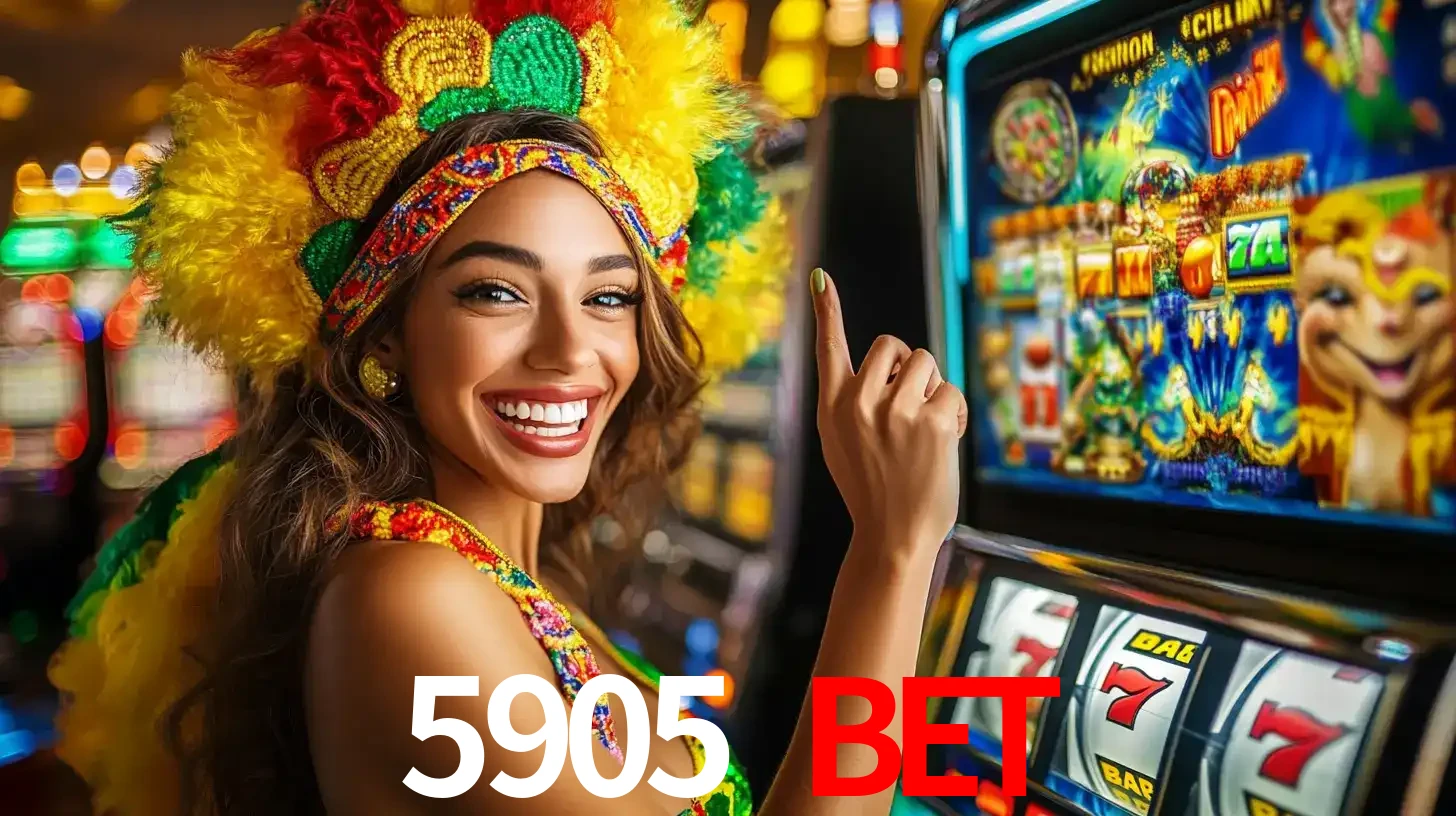 Mulher animada com um cocar de carnaval apontando para uma máquina de caça-níqueis, mostrando a emoção de ganhar um grande prêmio nos jogos do 5905 BET.