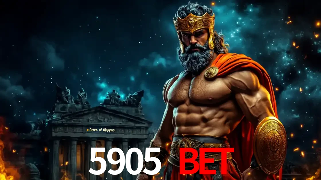 O poderoso Zeus do jogo de slot Gates of Olympus em frente ao seu templo, pronto para lançar multiplicadores divinos e prêmios épicos no cassino online 5905 BET.