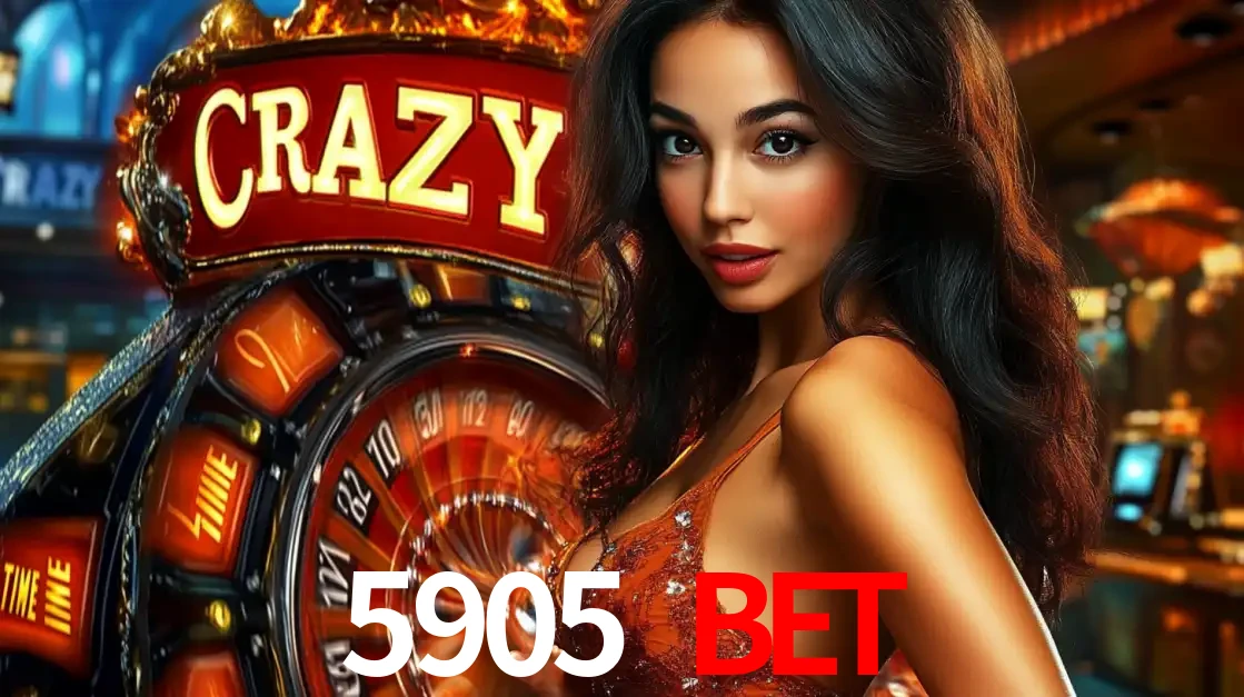 Mulher glamourosa olhando para a câmera com a roda vermelha do Crazy Time ao fundo em um ambiente de cassino, destacando a emoção dos jogos ao vivo no 5905 BET.
