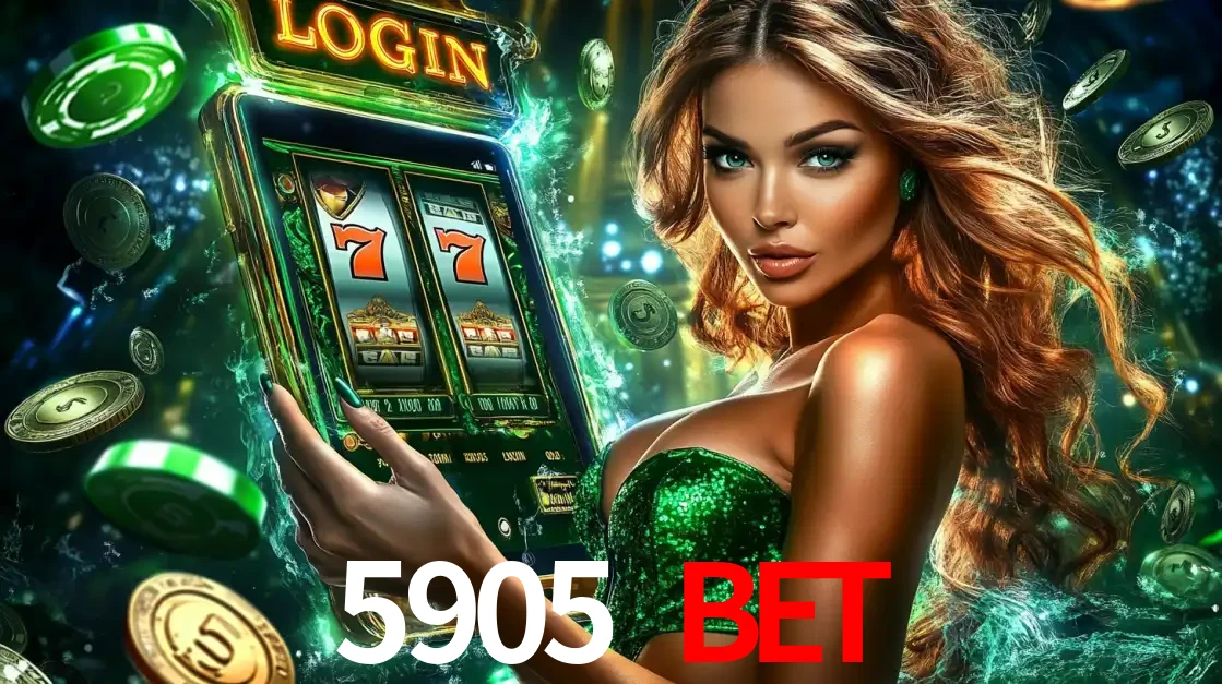 Mulher com tema verde apresentando o aplicativo do cassino 5905 BET com um jogo de slot de 777, cercada por fichas de cassino e uma aura de sorte.