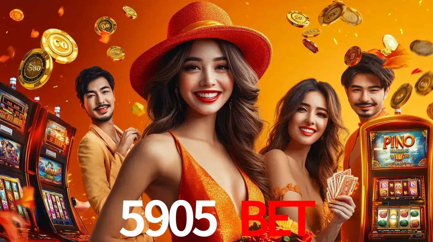 Grupo de amigos asiáticos sorrindo e se divertindo com máquinas de caça-níqueis em um ambiente festivo, celebrando suas vitórias nos jogos de cassino do 5905 BET.