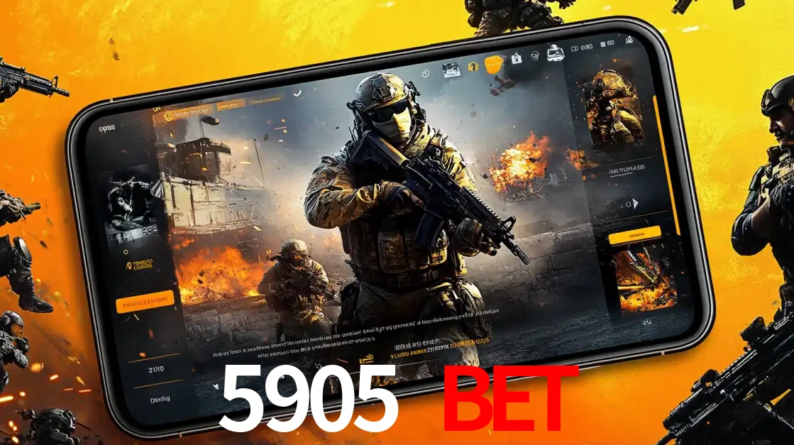 Um smartphone exibindo a interface de um jogo de tiro em primeira pessoa, com um soldado em um cenário de batalha, representando a ação dos e-sports para apostar no 5905 BET.
