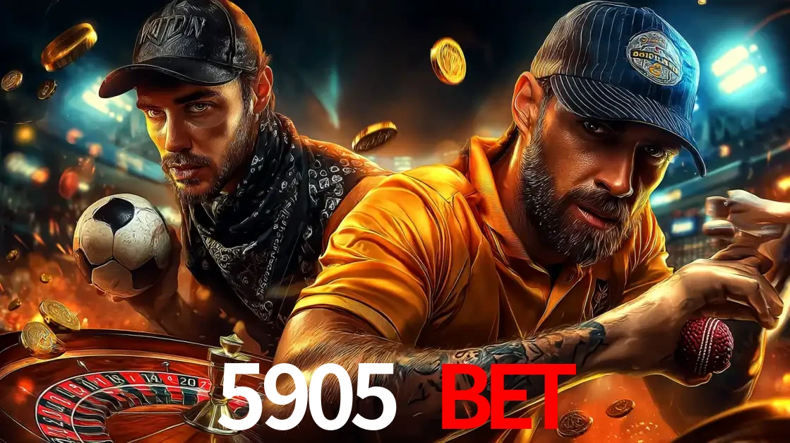 Montagem de apostas esportivas e cassino no 5905 BET, com um homem segurando uma bola de futebol e outro uma de beisebol sobre uma roleta e moedas voadoras.