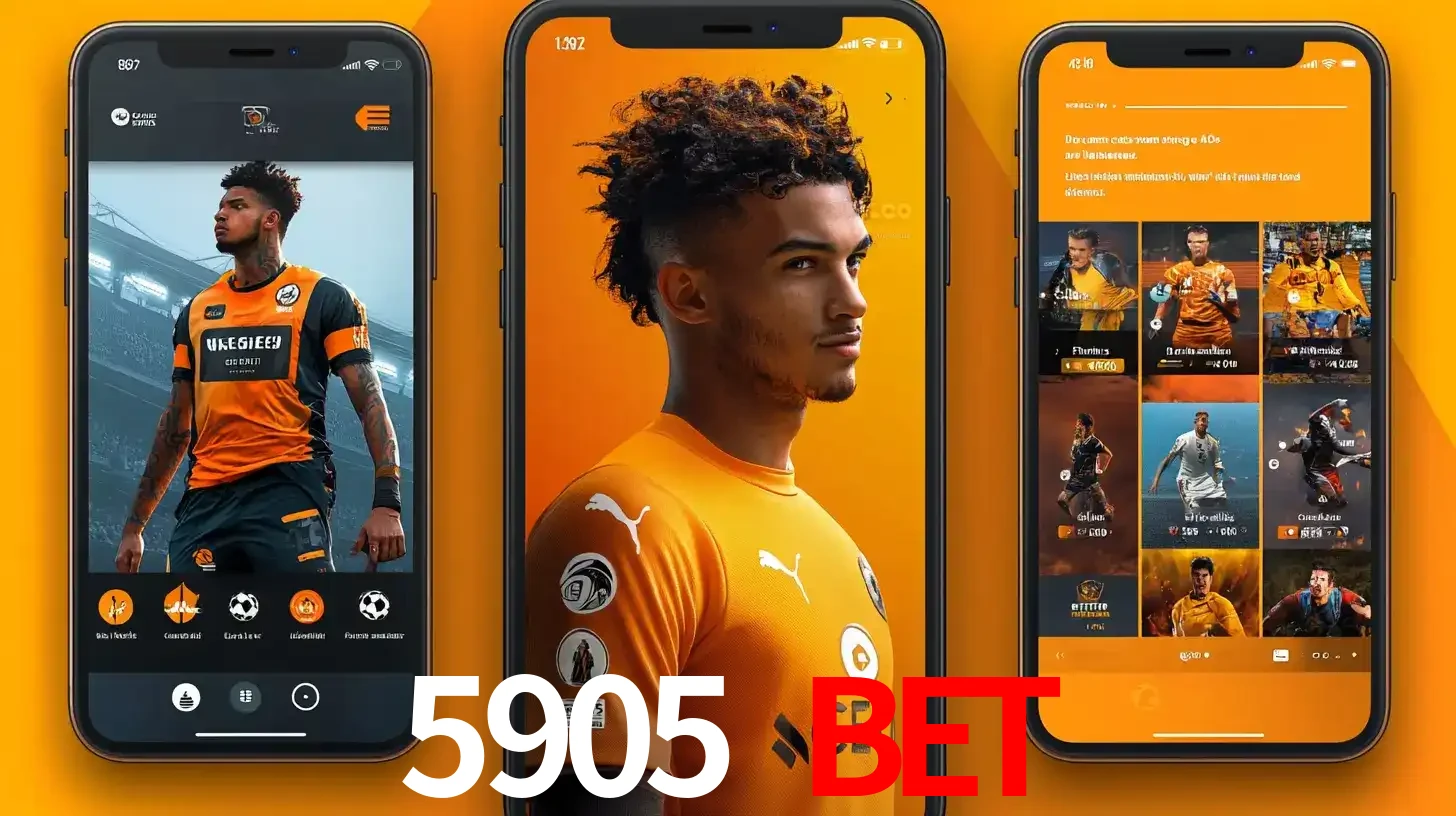 Interface do aplicativo de apostas esportivas 5905 BET em três telas de celular, mostrando o perfil de um jogador de futebol e a lista de jogos disponíveis para apostar.