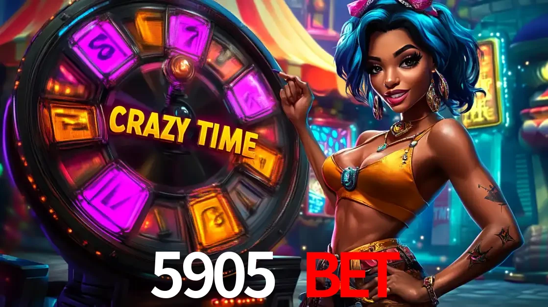 Mulher estilizada com cabelo azul e visual vibrante posando ao lado da roda de prêmios do game show Crazy Time, convidando para a diversão e os bônus do cassino 5905 BET.