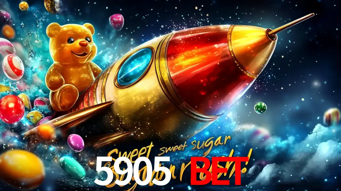 Arte promocional do jogo de slot Sugar Rush, com um urso de pelúcia em um foguete viajando pelo espaço de doces, um dos jogos divertidos disponíveis no cassino 5905 BET.