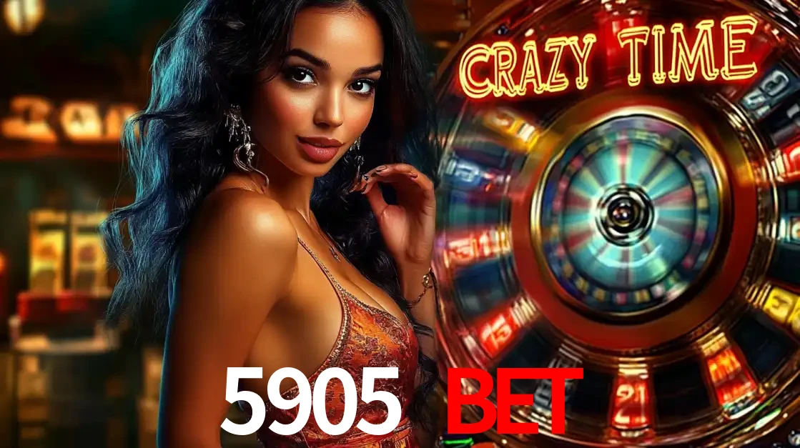 Mulher elegante ao lado da vibrante roda da fortuna do jogo de cassino ao vivo Crazy Time, um dos game shows mais populares e cheios de prêmios do 5905 BET.