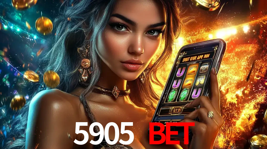 Mulher elegante mostrando um jogo de caça-níqueis em seu smartphone, destacando a experiência de cassino móvel oferecida pelo aplicativo 5905 BET.