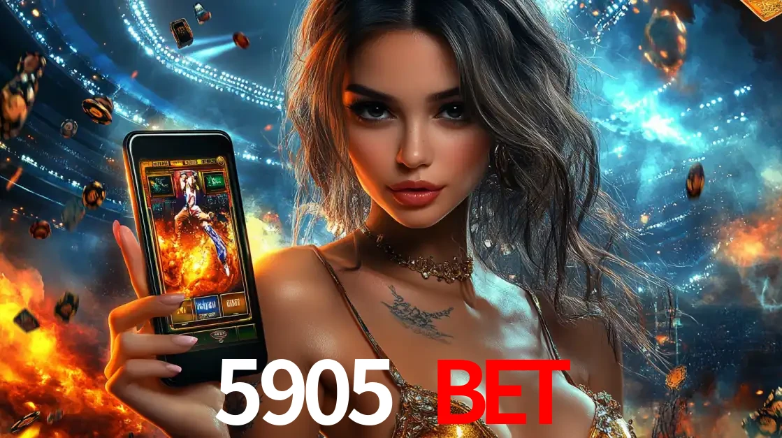 Mulher segurando um celular com um jogo de slot em destaque, tendo como fundo um estádio vibrante, simbolizando a emoção de jogar no cassino móvel 5905 BET.